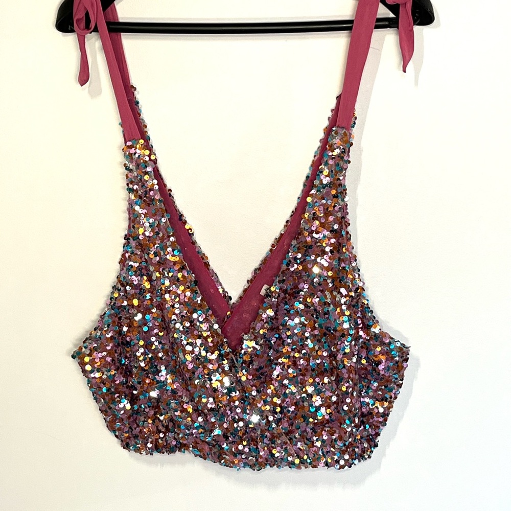 Intimately Free People Big Night Sequin Tie Shoulder Crop Top halter Sz Small - Picture 3 of 7